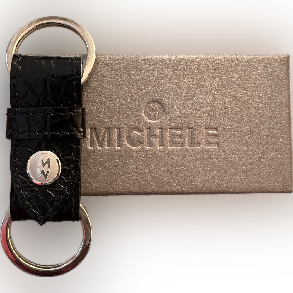 Michele New In Box Black Croc-Embossed Leather Key Fob w/ Silver Hardware